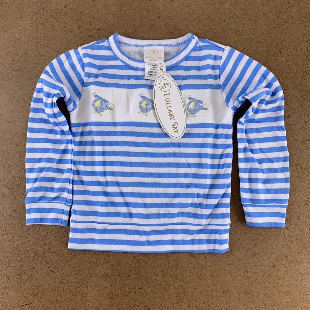 Lullaby Set Toddler Size 3T Blue White Striped Helicopter 2 Piece Pajama Set NWT
